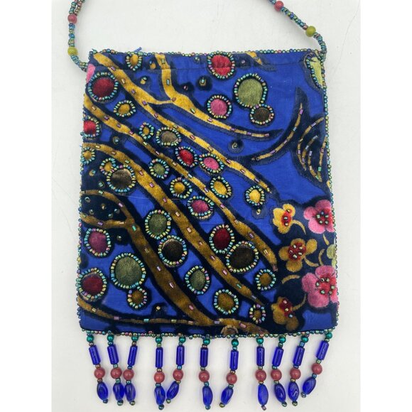 Beaded Velvet Evening Bag With Blue & Multicolor Floral Embroidery Zipper Closur - Picture 2 of 5